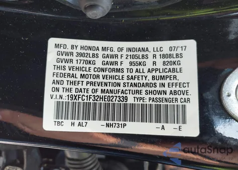 2017 Honda Civic Ex from USA, damaged, VIN 19XFC1F32HE027339